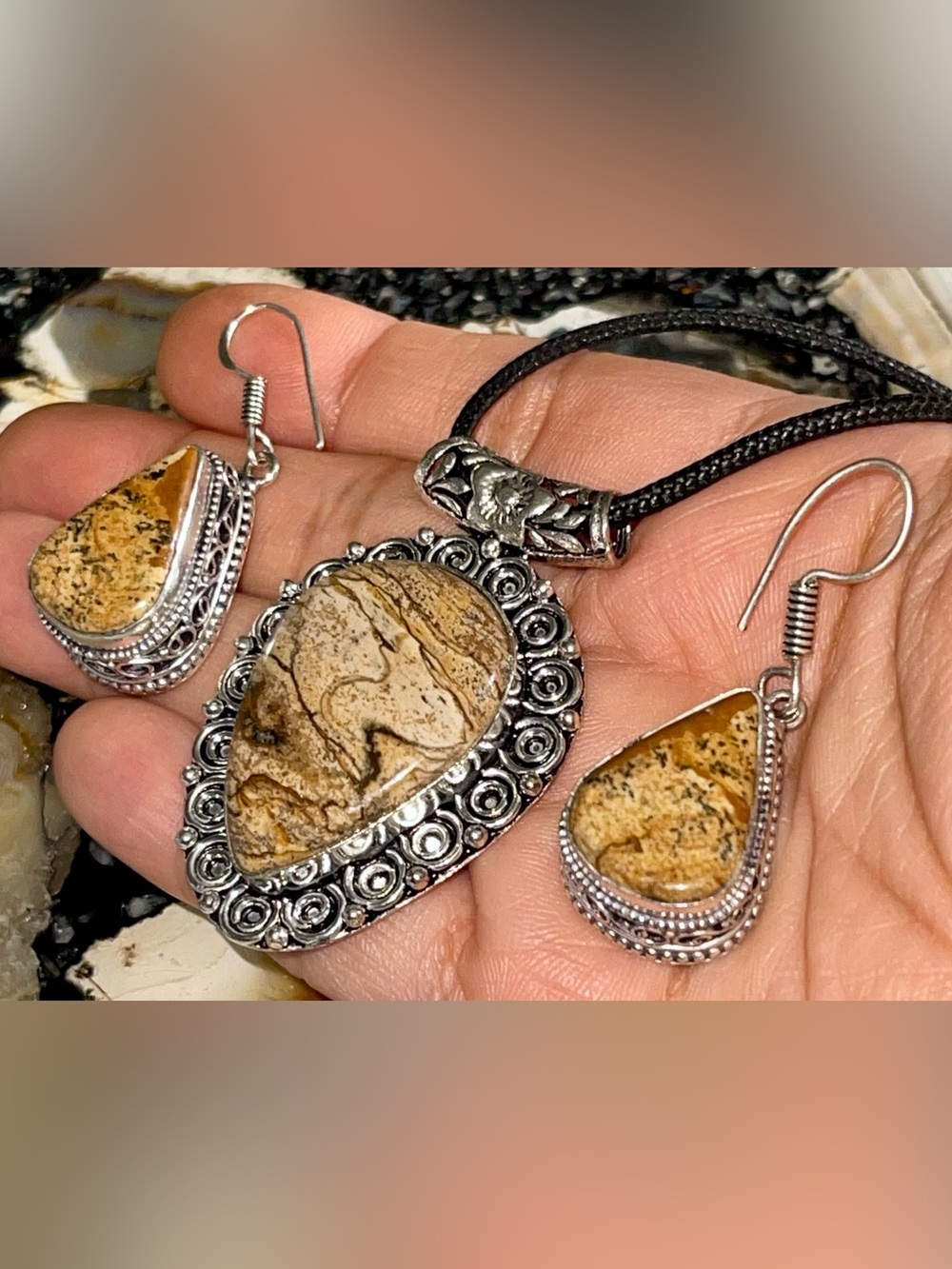 Brown Picture Jasper Pendant & Earrings Set